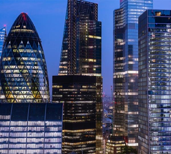 London financial district skyline at night